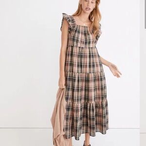 Madewell Flutter-Sleeve Tiered Midi Dress in Plaid Size XS perfect for fall